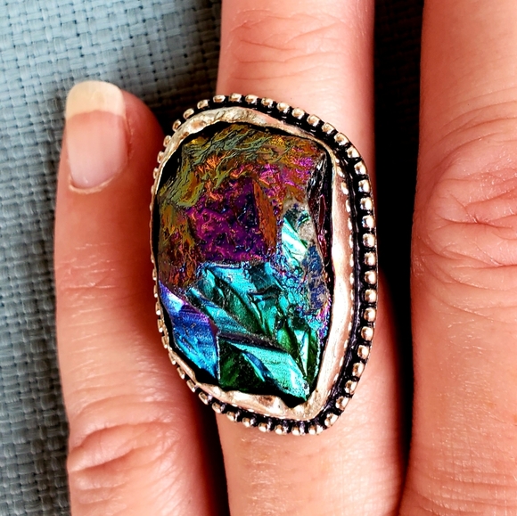 New Rainbow Titanium Crystal Quartz 925 Silver Statement Ring. - Picture 9 of 12